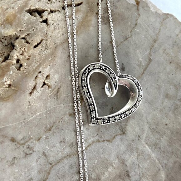 Sterling Silver 925 AFJC Diamond Asymmetric Heart Pendant Necklace 18" Chain - Picture 2 of 16